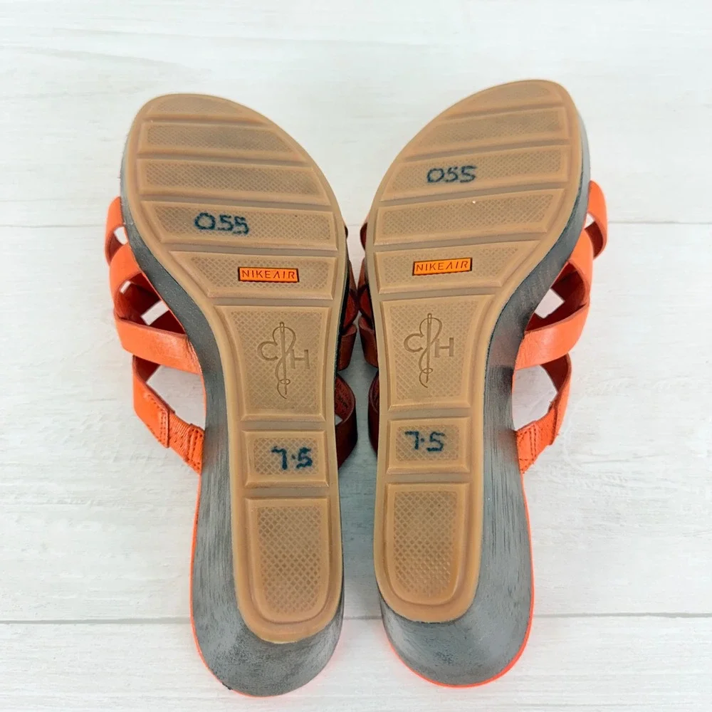 Cole Haan Wedge Sandals Size 7.5 B Orange Nike Air Strappy Leather Summer Bonnie